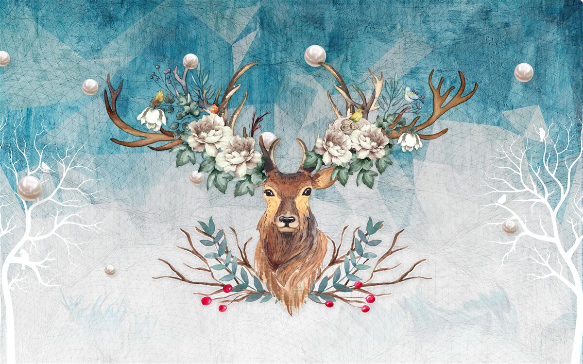 Papier peint biche d'hiver avec des fleurs décorant ses bois