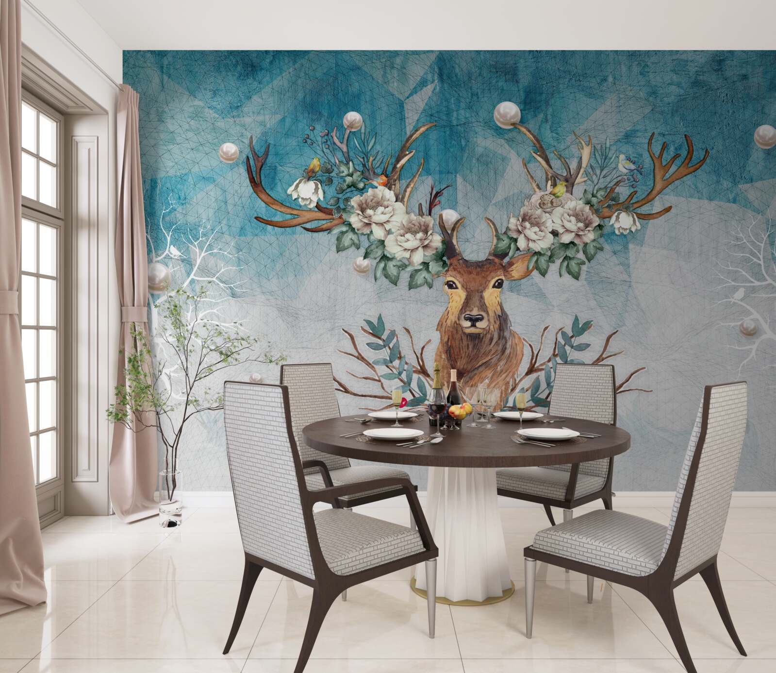 Papier peint biche d'hiver avec des fleurs décorant ses bois