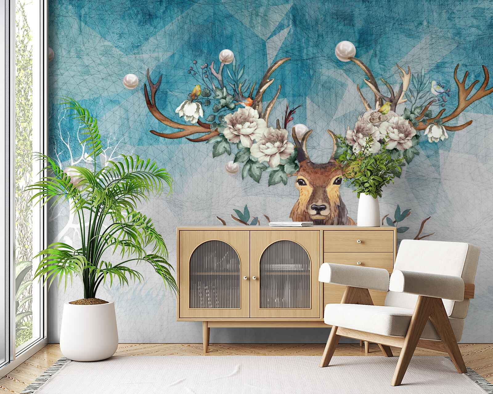 Papier peint biche d'hiver avec des fleurs décorant ses bois