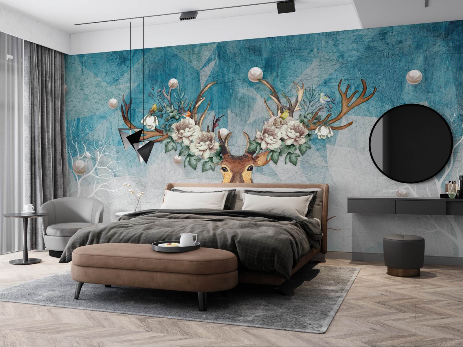 Papier peint biche d'hiver avec des fleurs décorant ses bois