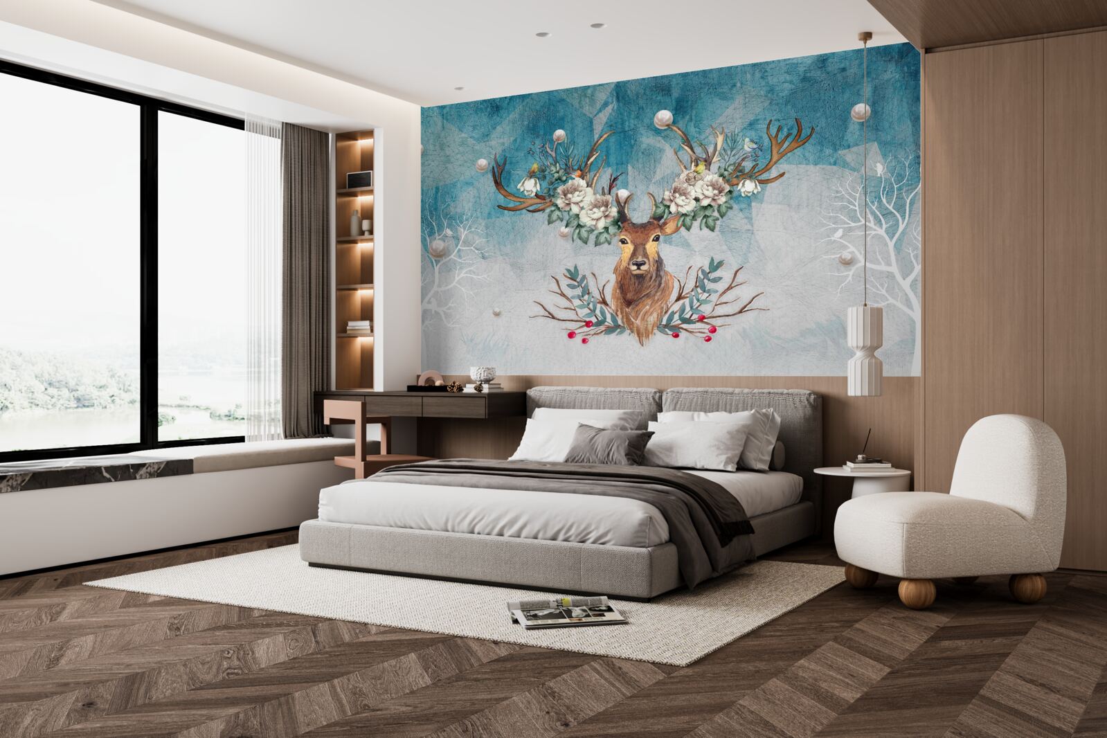 Papier peint biche d'hiver avec des fleurs décorant ses bois