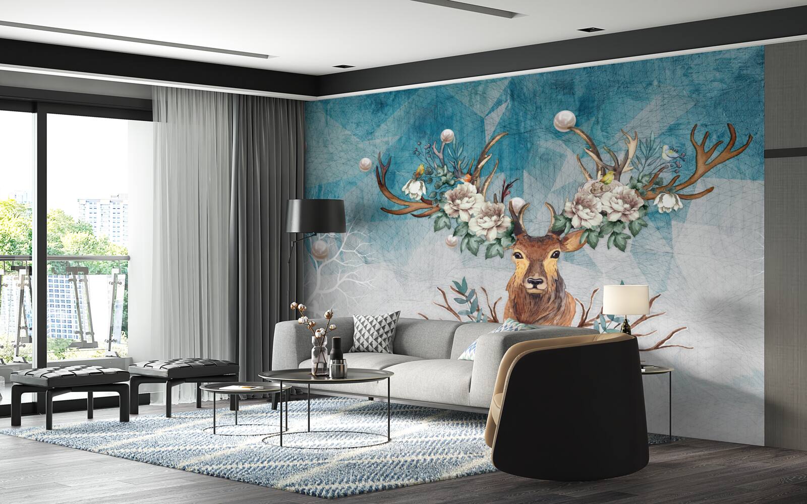 Papier peint biche d'hiver avec des fleurs décorant ses bois