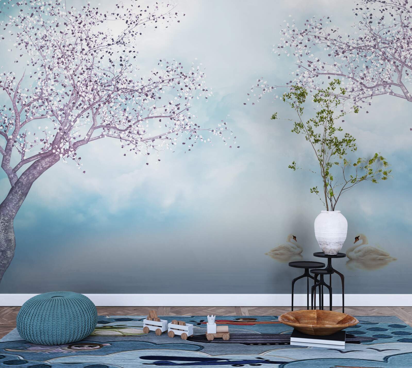 Papier peint avec des cygnes sur un lac sous la brume