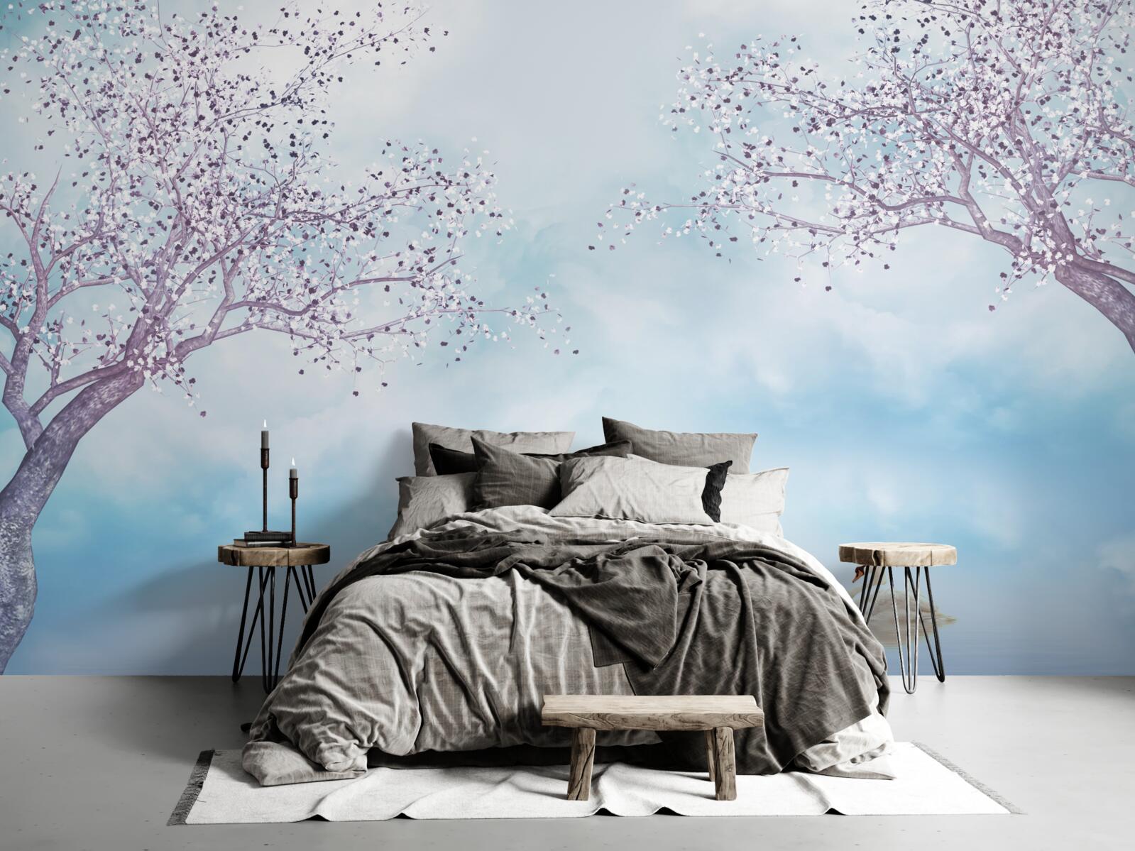 Papier peint avec des cygnes sur un lac sous la brume