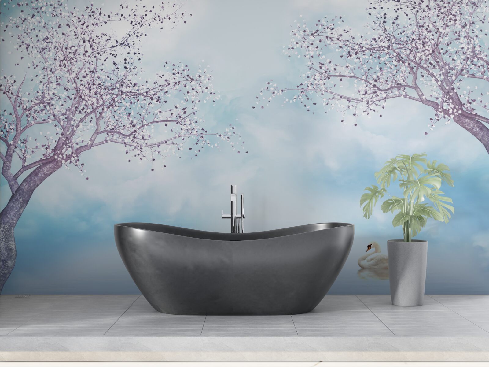 Papier peint avec des cygnes sur un lac sous la brume