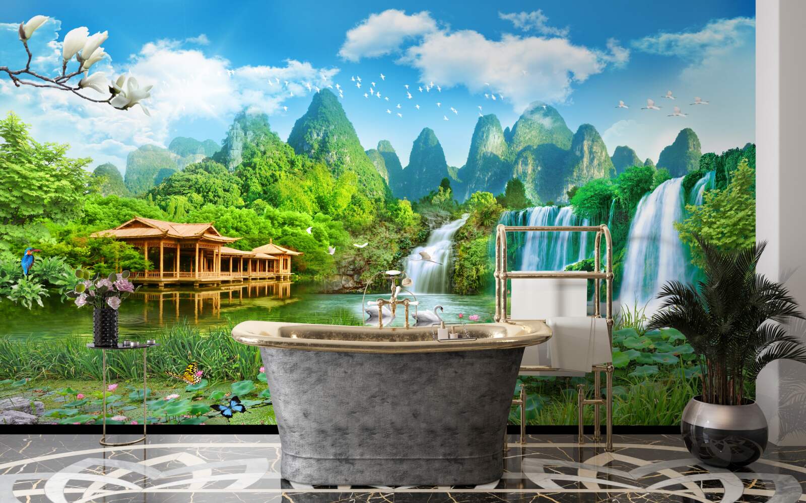 Papier peint vivre près d'une chute d'eau tomber dans une étendue d'eau naturelle