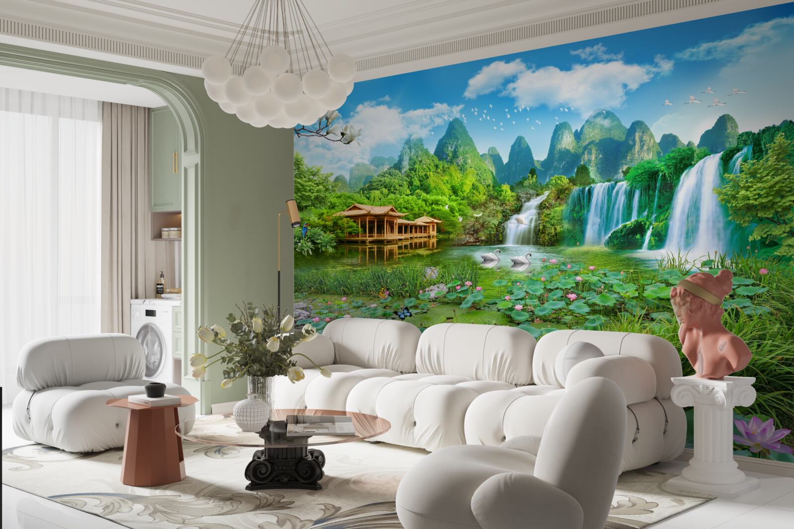 Papier peint vivre près d'une chute d'eau tomber dans une étendue d'eau naturelle