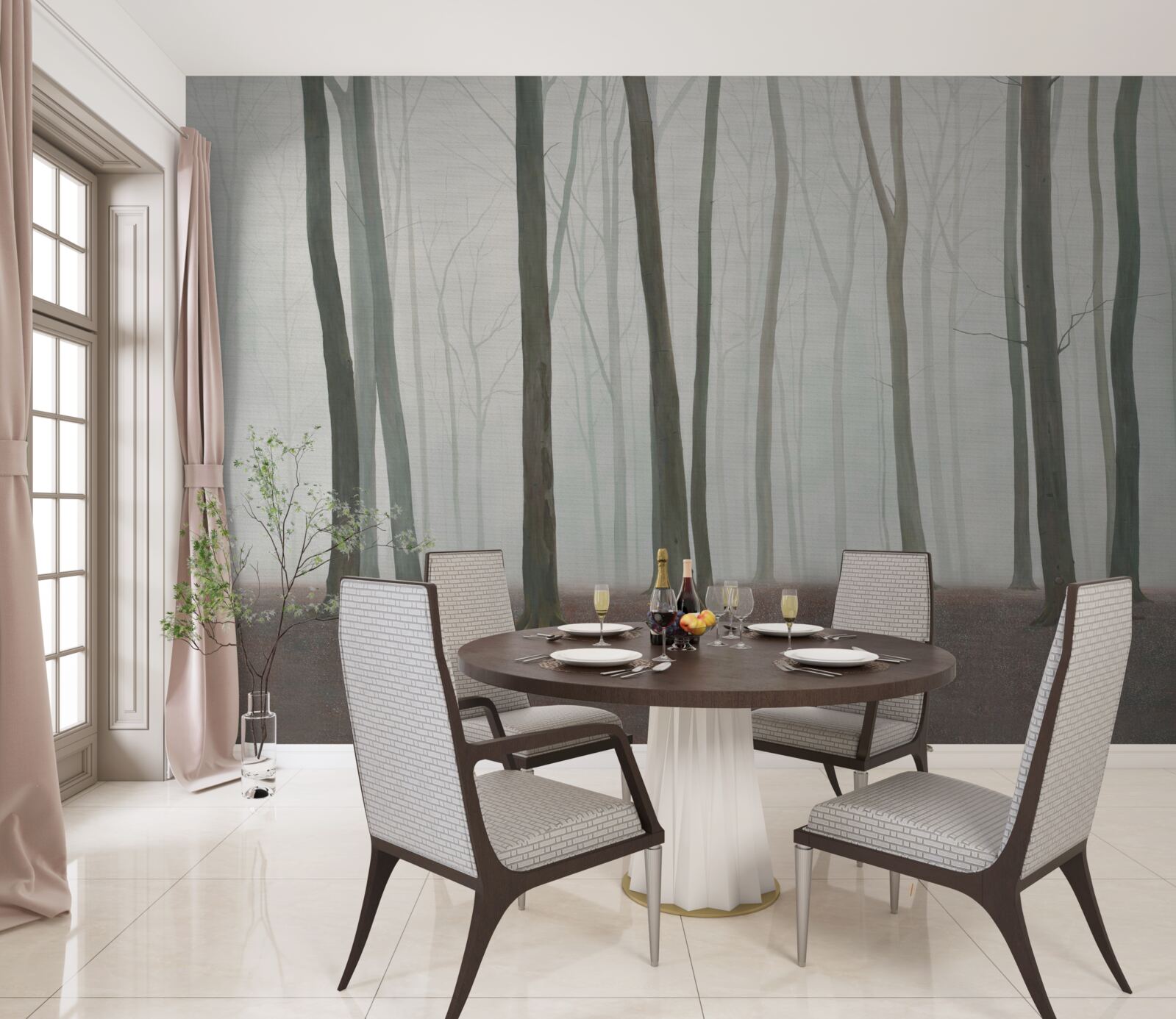 Papier peint arbres isolés entourés de brume