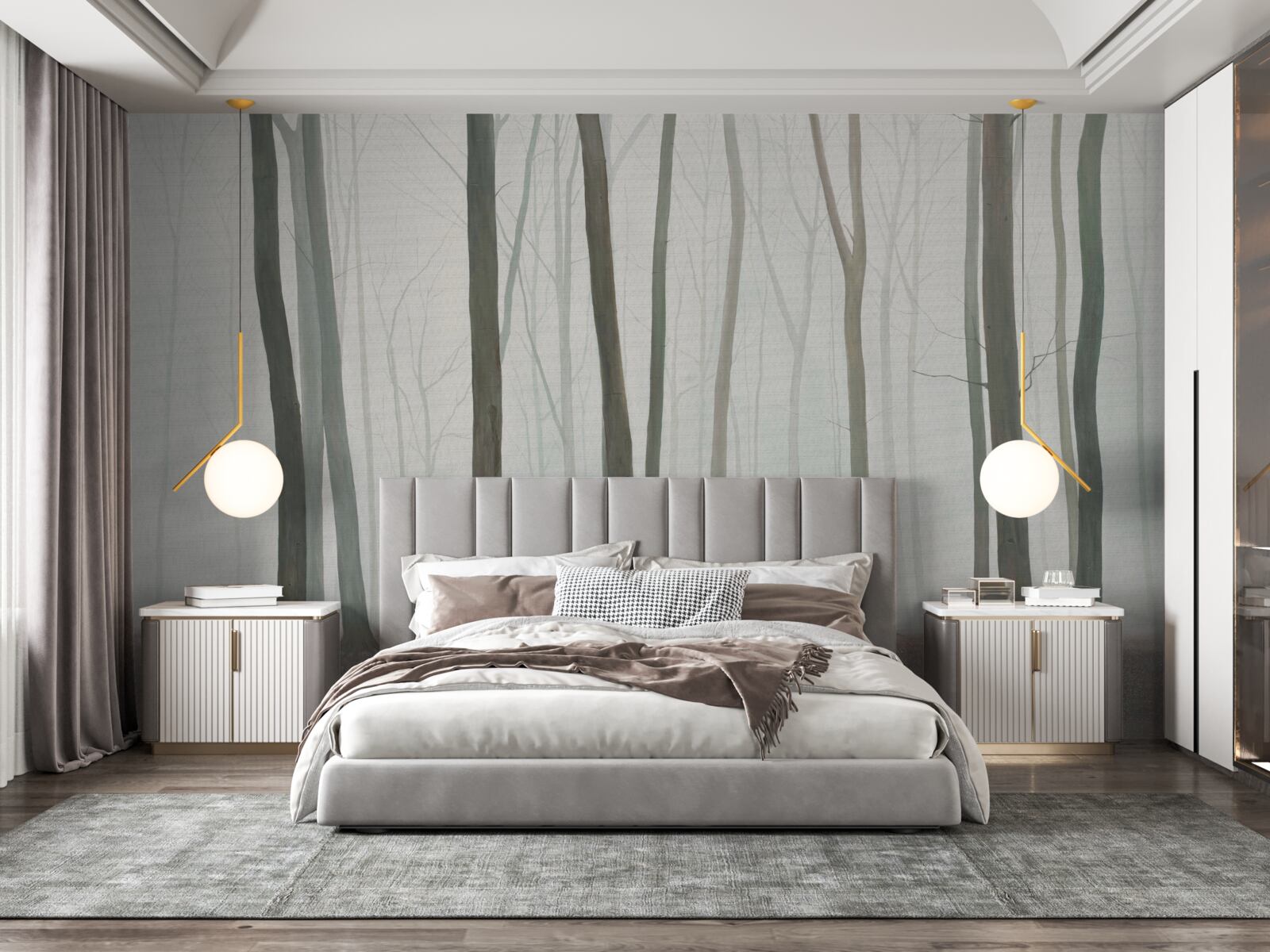 Papier peint arbres isolés entourés de brume