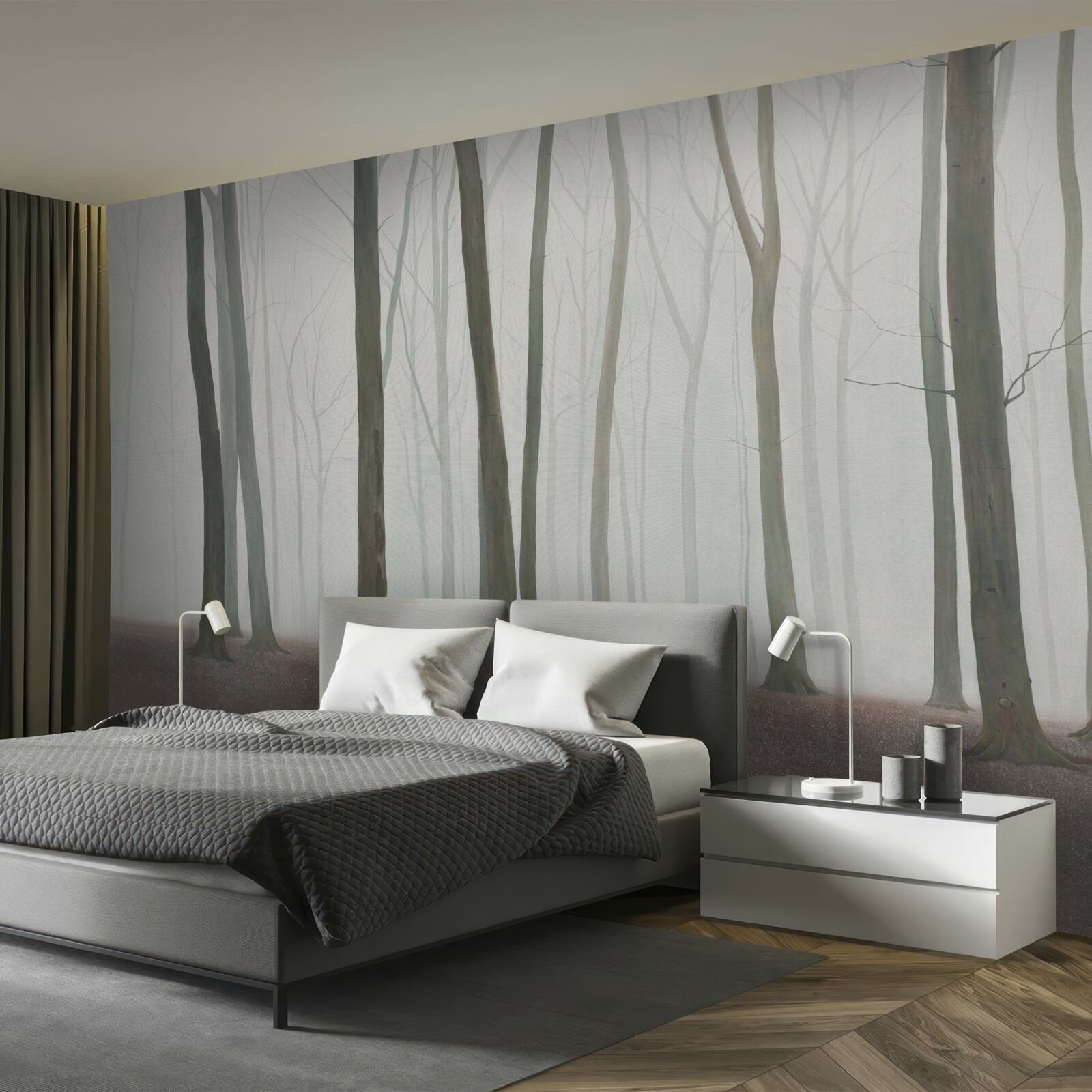 Papier peint arbres isolés entourés de brume