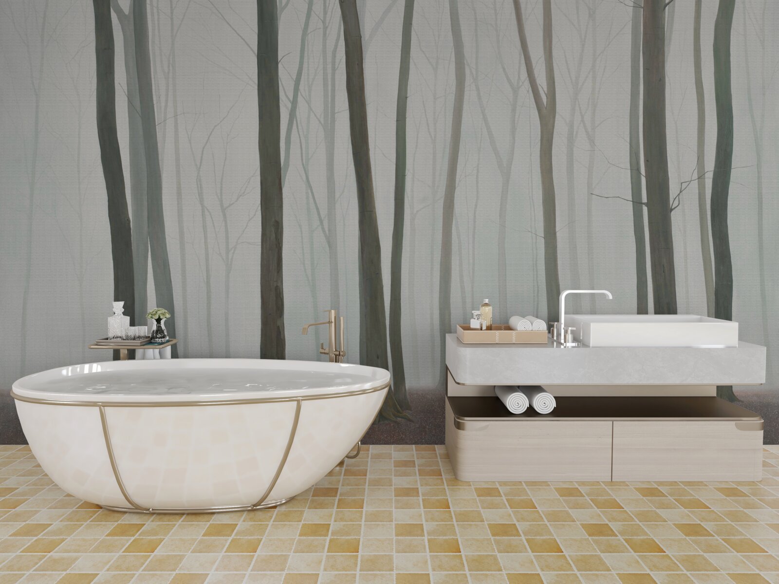 Papier peint arbres isolés entourés de brume