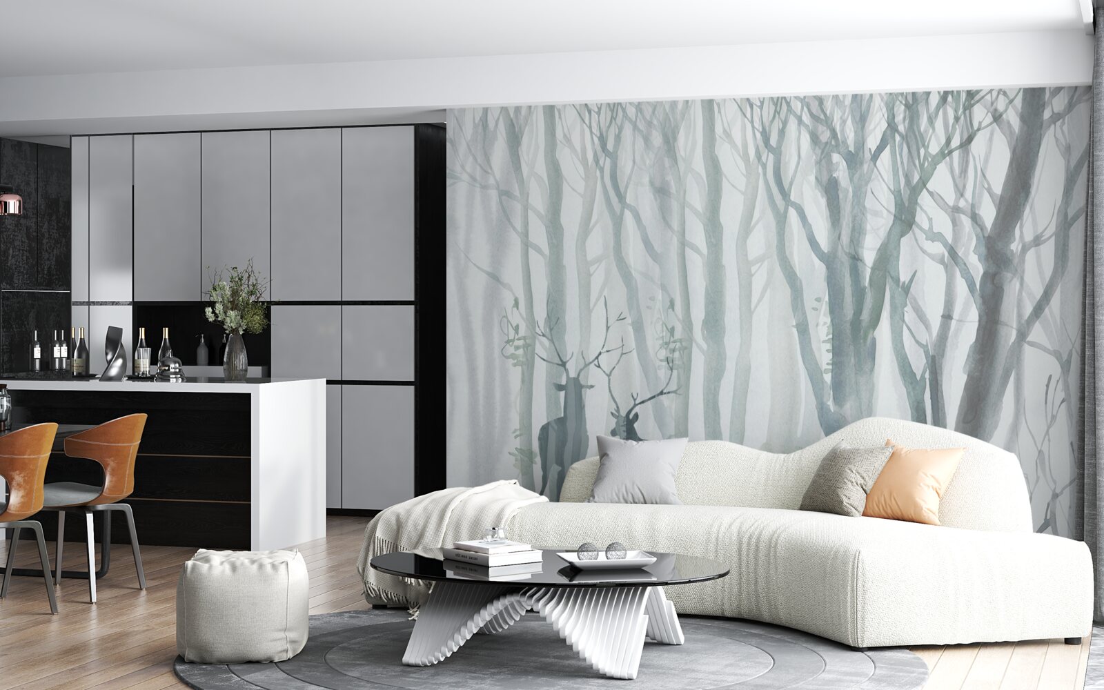 Papier peint forêt d'hiver, brumeuse, peuplée de cerfs