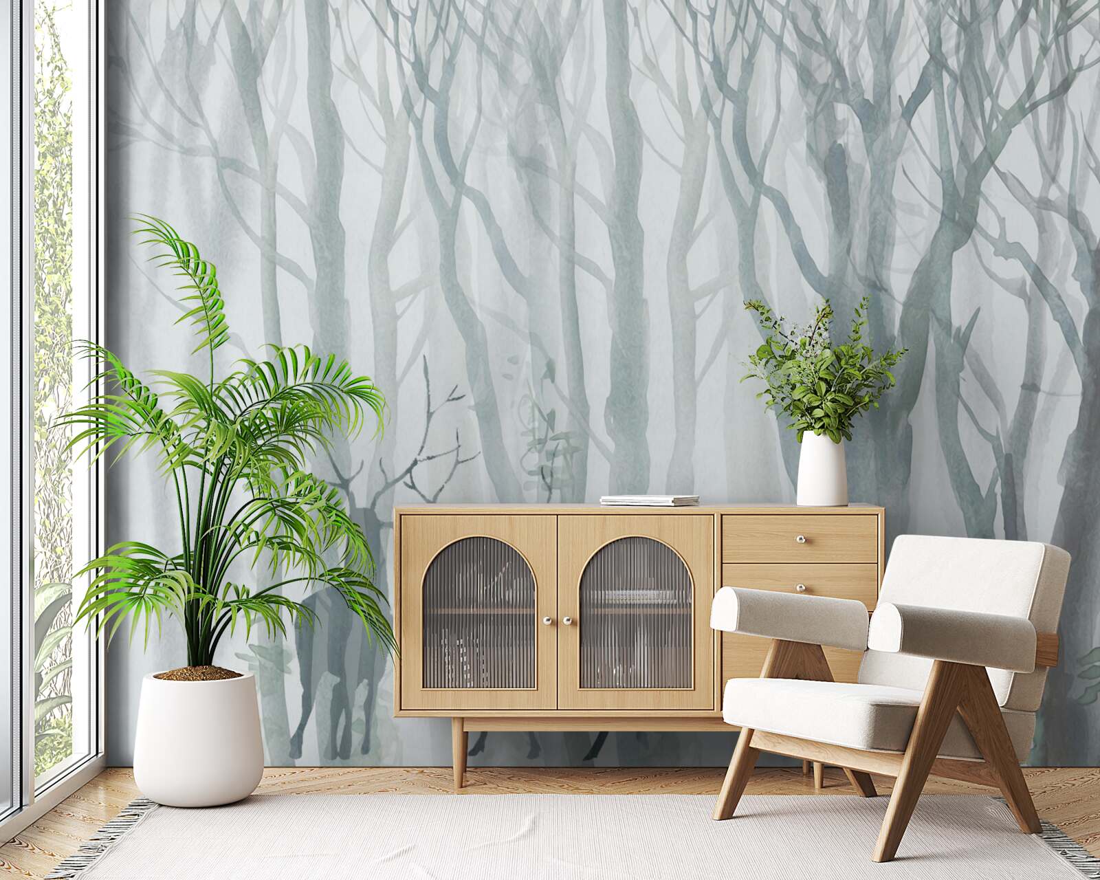 Papier peint forêt d'hiver, brumeuse, peuplée de cerfs