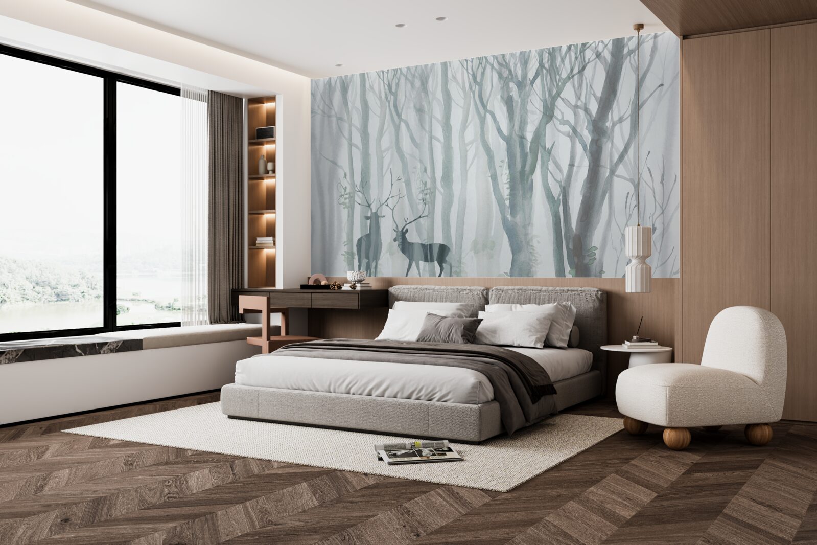 Papier peint forêt d'hiver, brumeuse, peuplée de cerfs