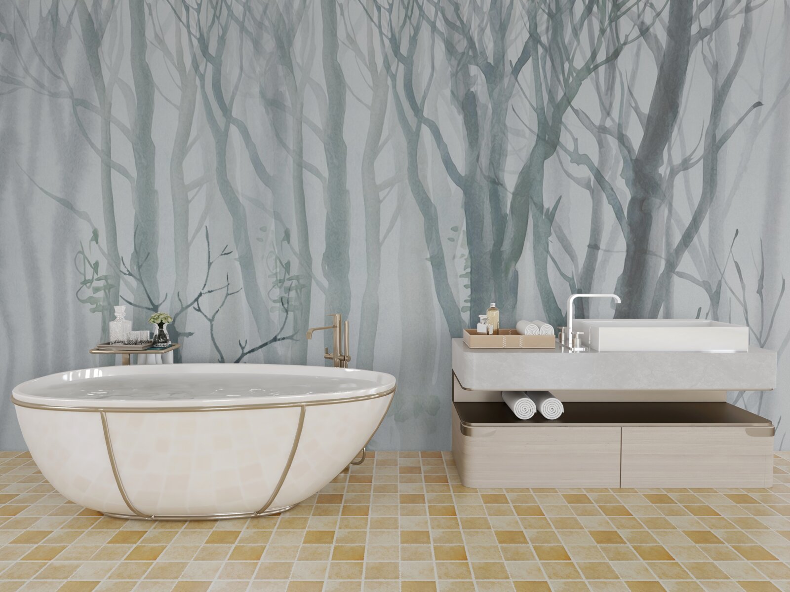 Papier peint forêt d'hiver, brumeuse, peuplée de cerfs