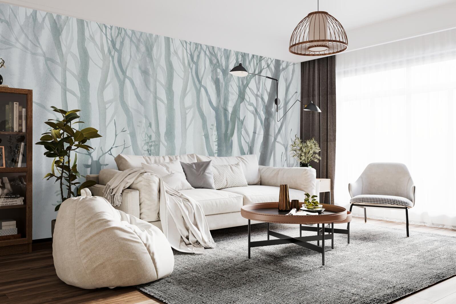 Papier peint forêt d'hiver, brumeuse, peuplée de cerfs