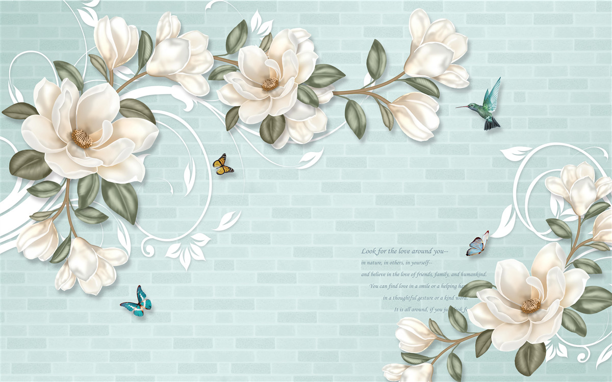 Papier peint papillons et colibris près des bourgeons blancs comme neige