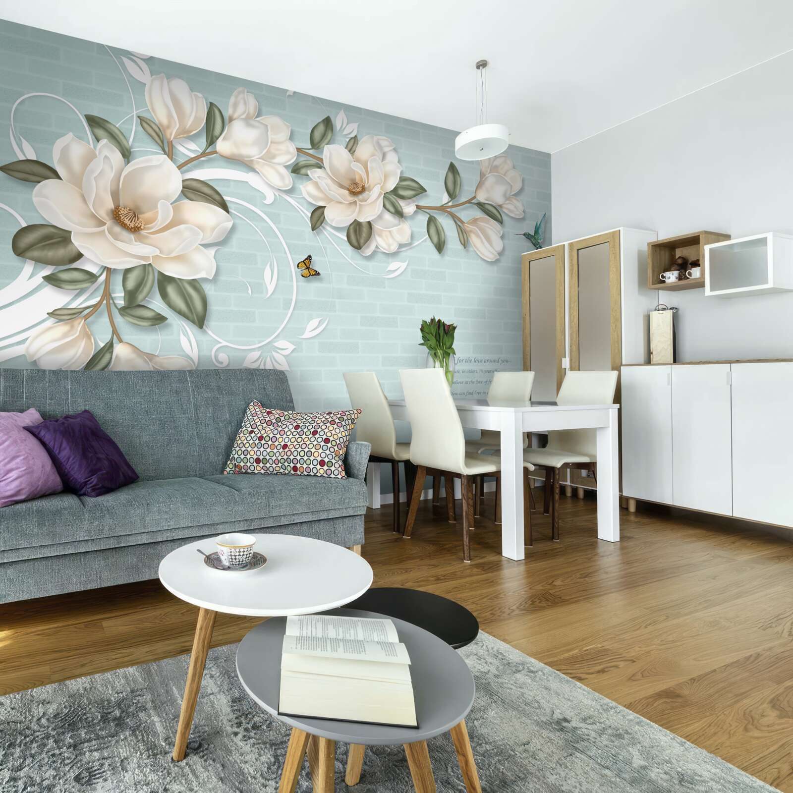 Papier peint papillons et colibris près des bourgeons blancs comme neige