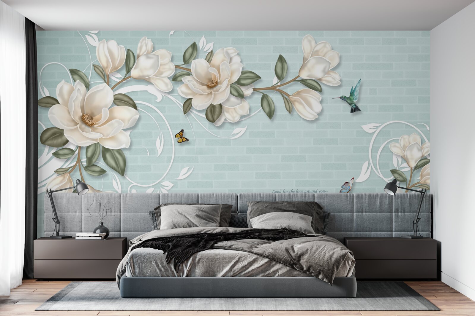 Papier peint papillons et colibris près des bourgeons blancs comme neige