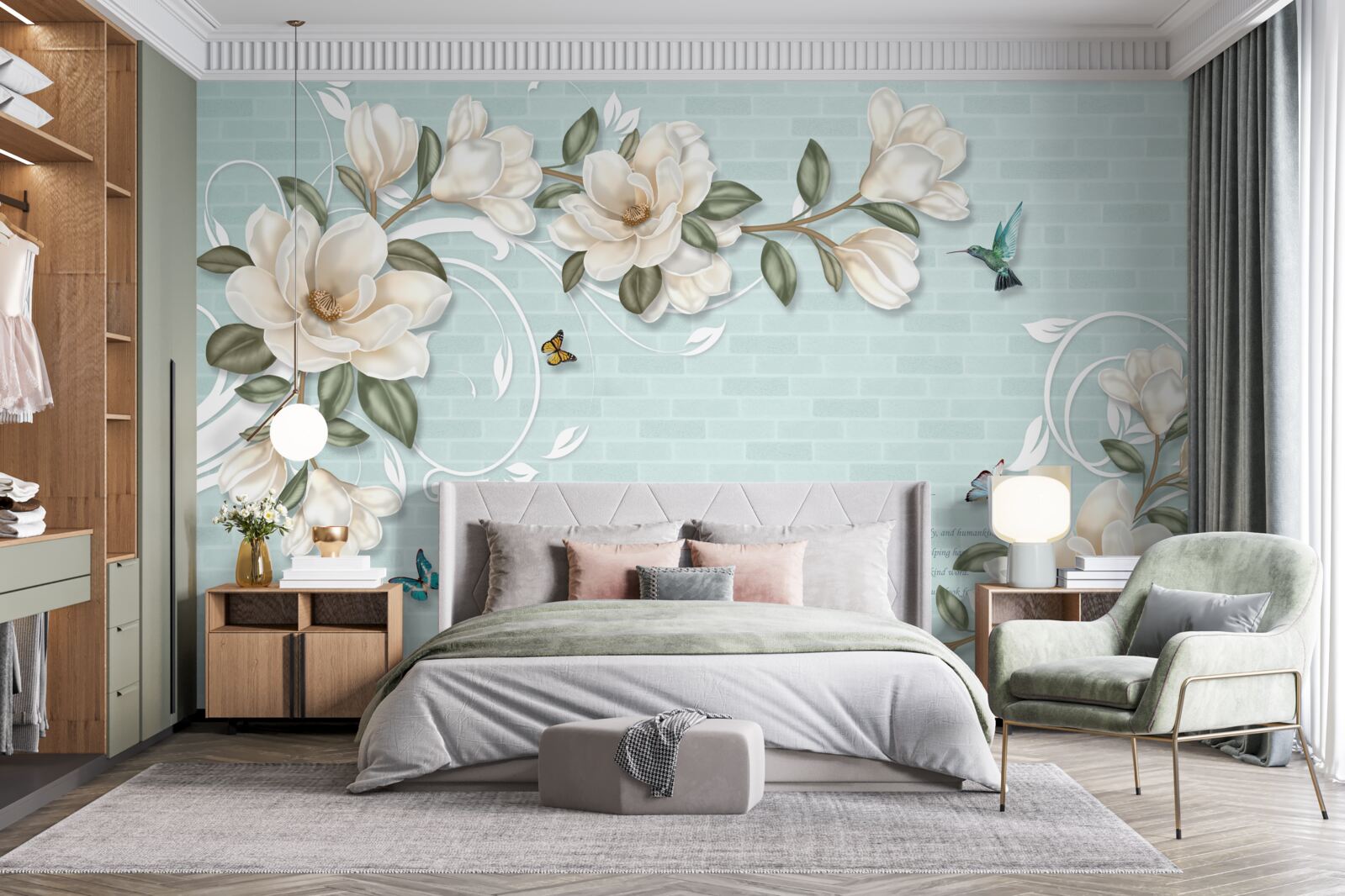 Papier peint papillons et colibris près des bourgeons blancs comme neige