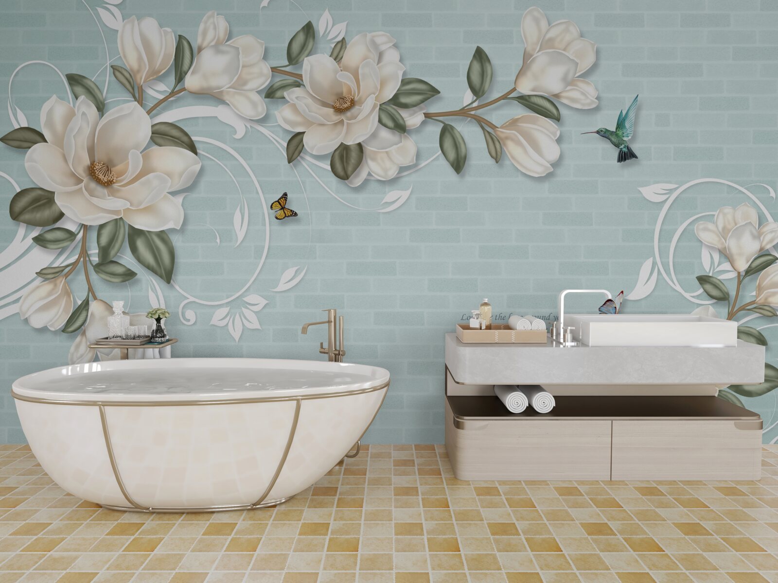 Papier peint papillons et colibris près des bourgeons blancs comme neige