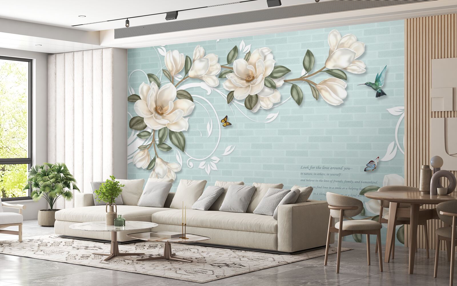 Papier peint papillons et colibris près des bourgeons blancs comme neige