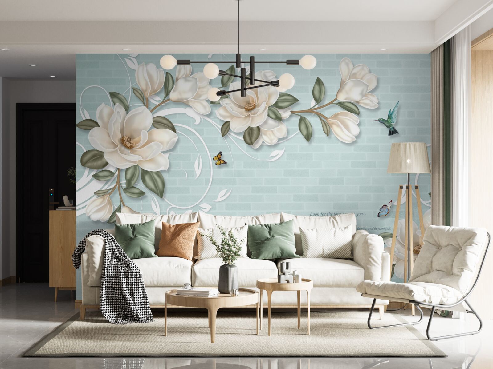 Papier peint papillons et colibris près des bourgeons blancs comme neige