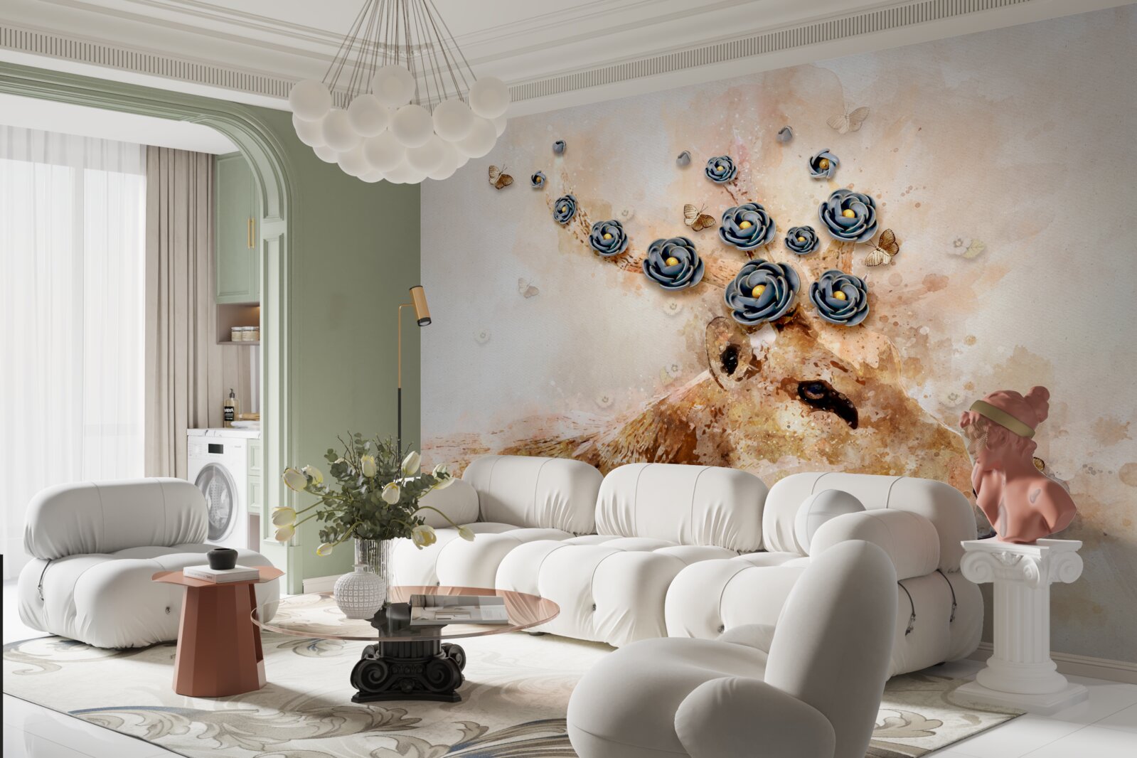 Papier peint elena est entourée de fleurs sur un fond rose