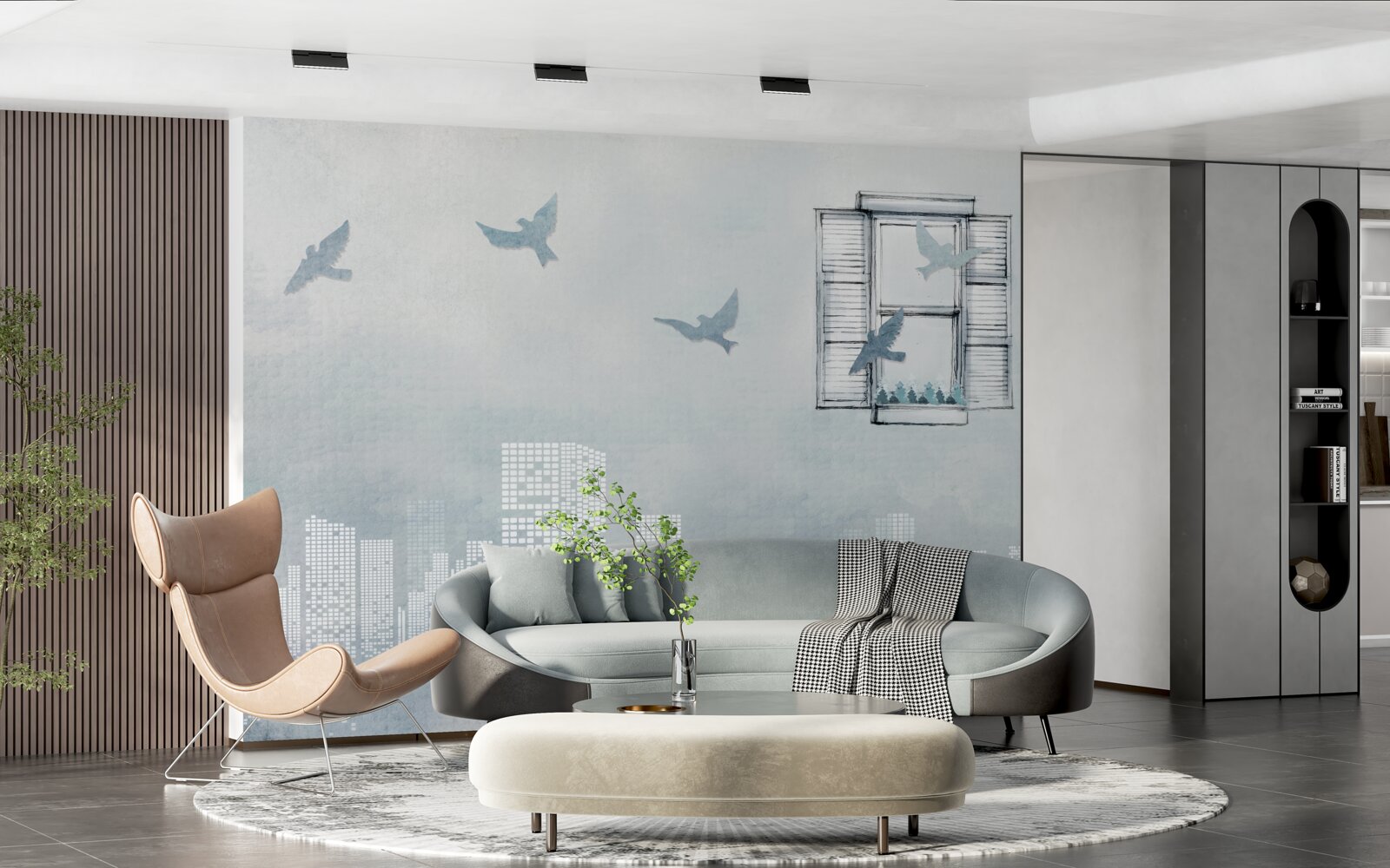 Papier peint oiseaux survolant une grande ville