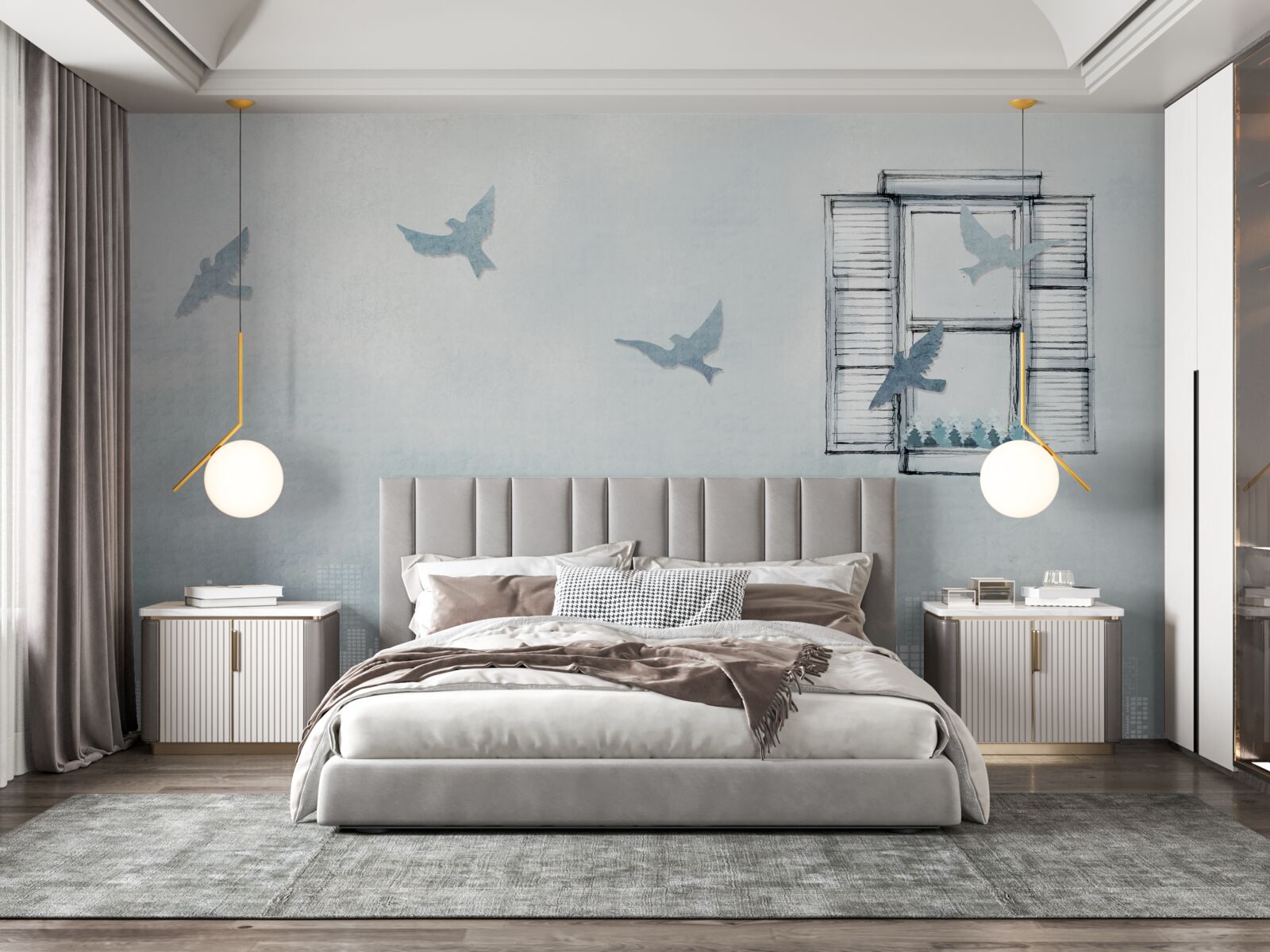 Papier peint oiseaux survolant une grande ville