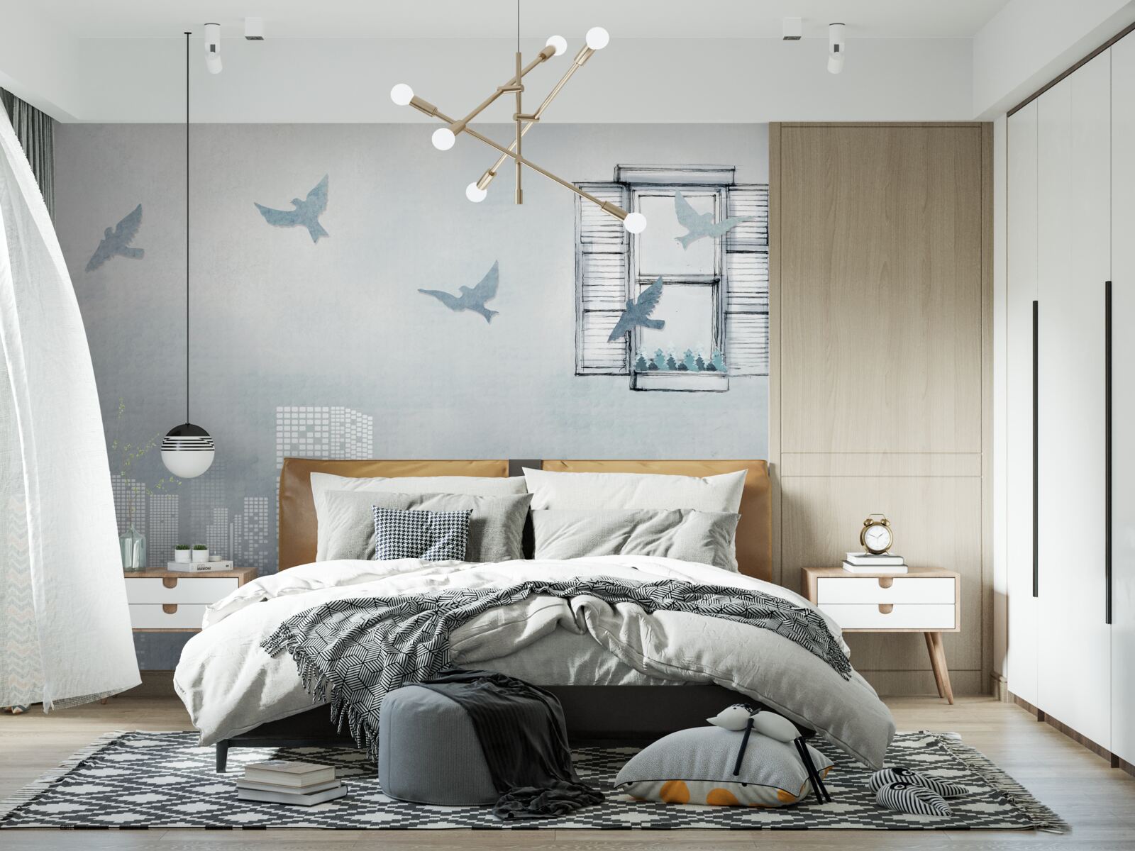 Papier peint oiseaux survolant une grande ville