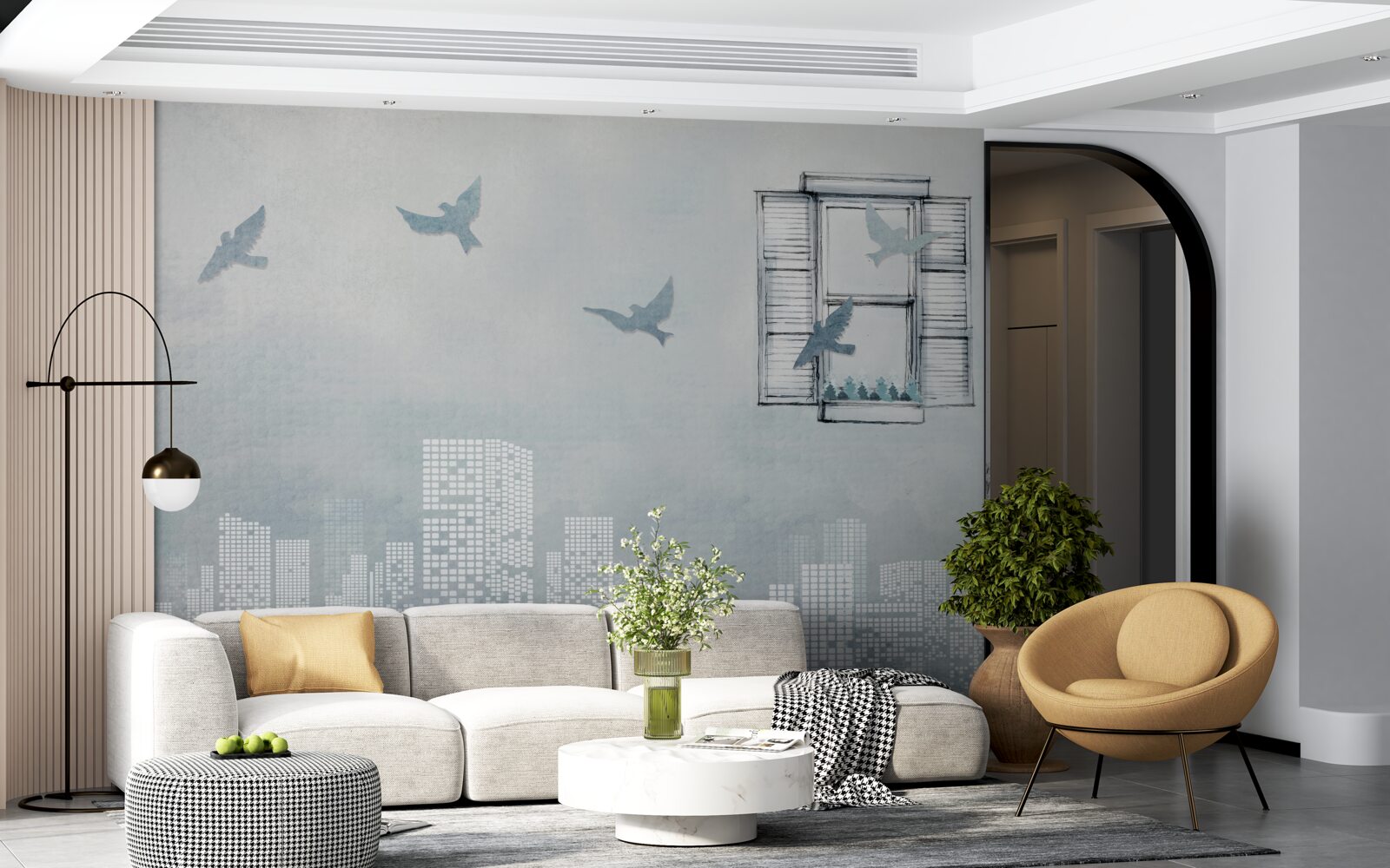 Papier peint oiseaux survolant une grande ville