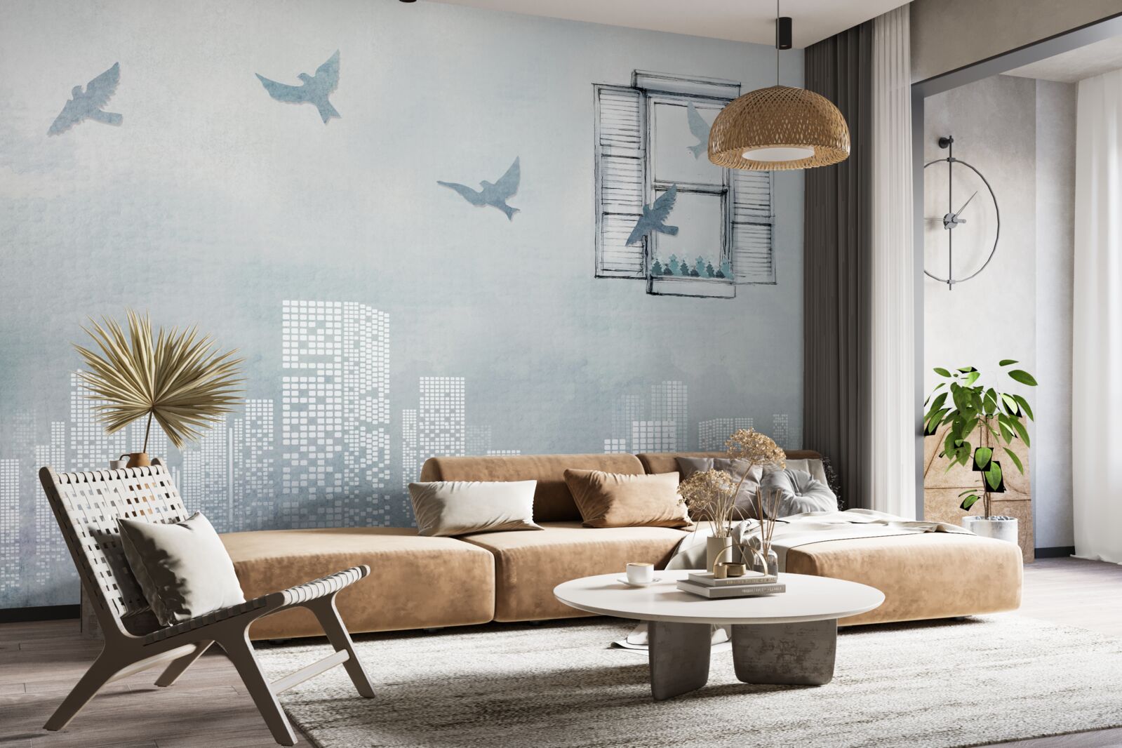 Papier peint oiseaux survolant une grande ville