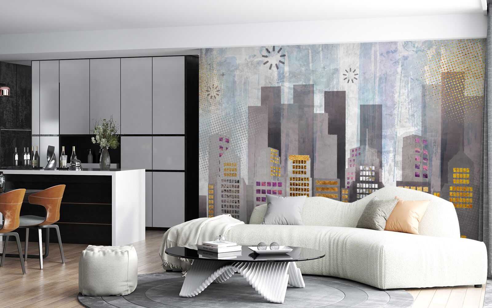 Papier peint une ville couverte de gris, avec des lumières dorées scintillantes