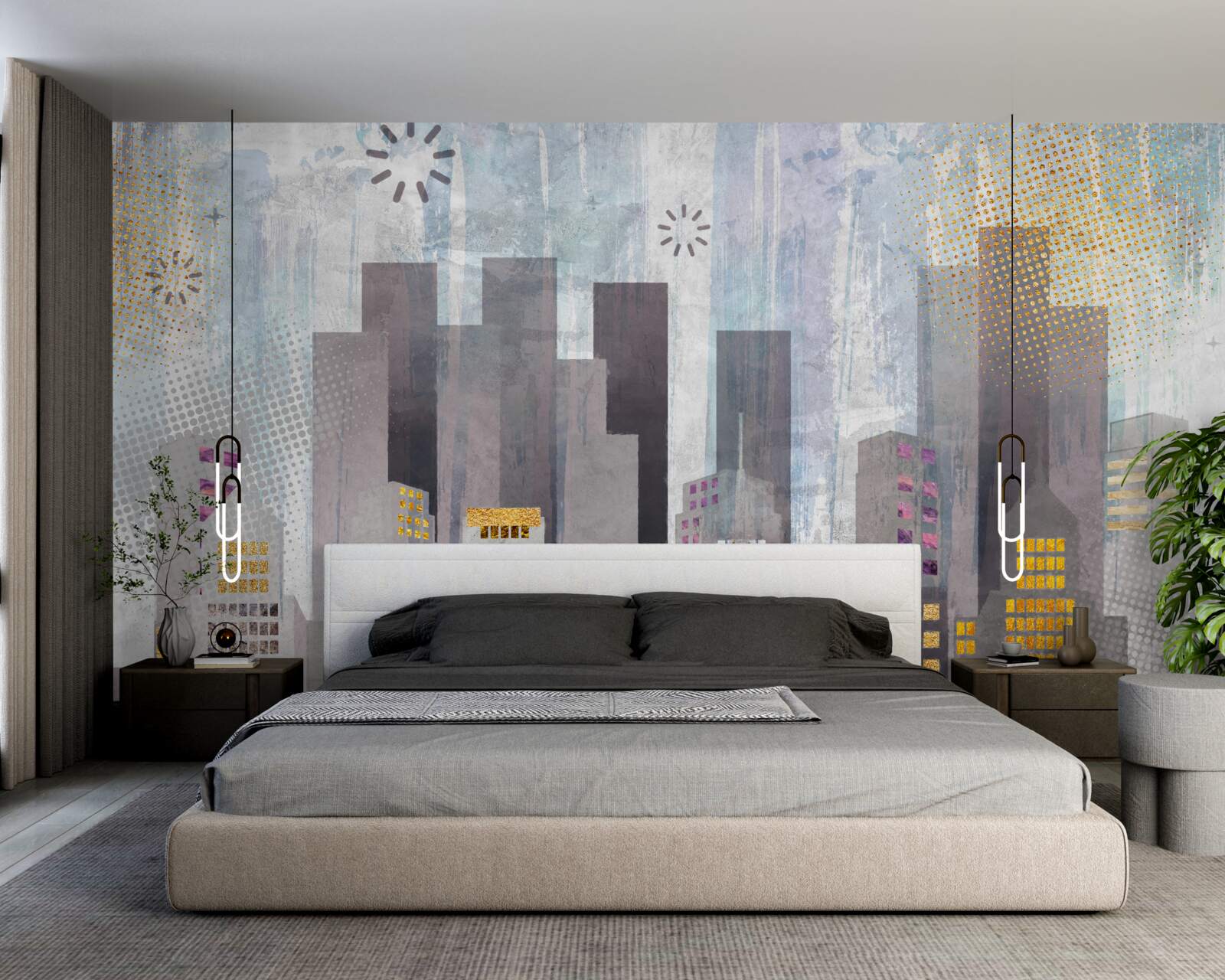 Papier peint une ville couverte de gris, avec des lumières dorées scintillantes