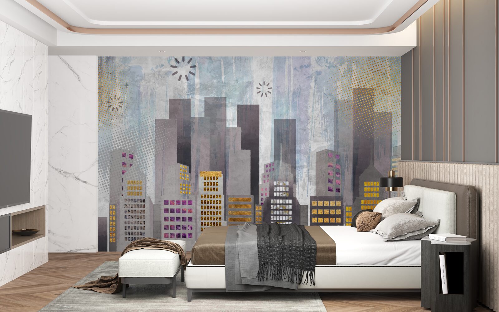 Papier peint une ville couverte de gris, avec des lumières dorées scintillantes