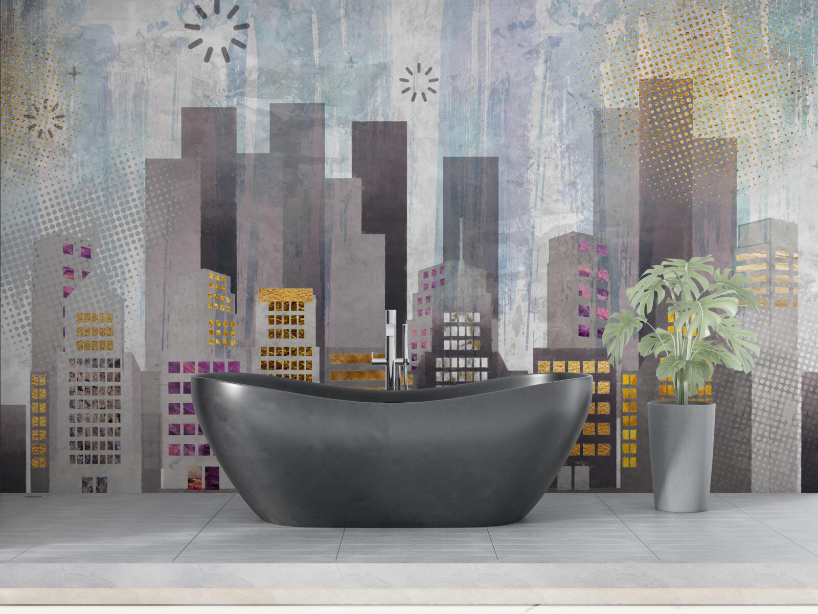 Papier peint une ville couverte de gris, avec des lumières dorées scintillantes