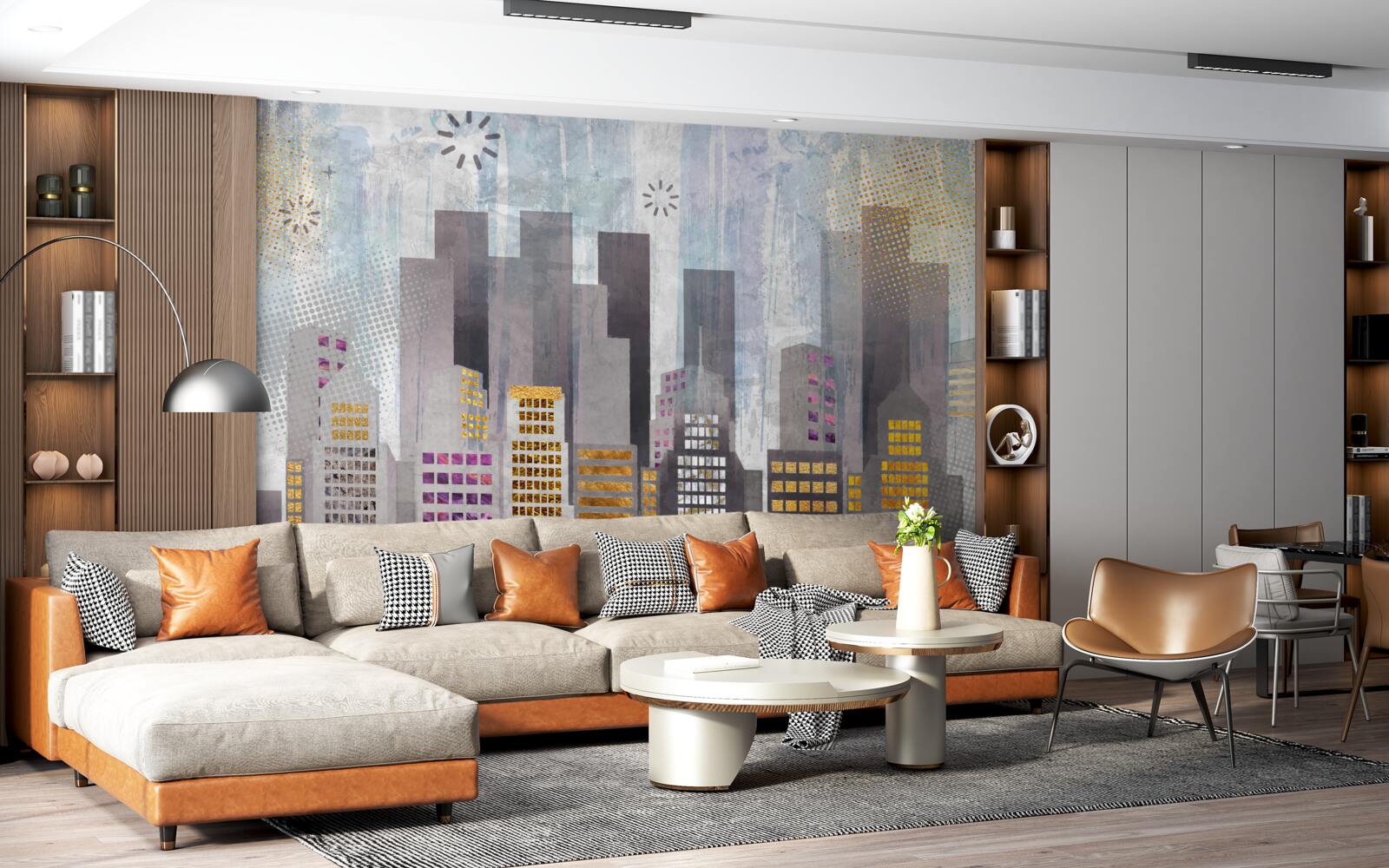 Papier peint une ville couverte de gris, avec des lumières dorées scintillantes