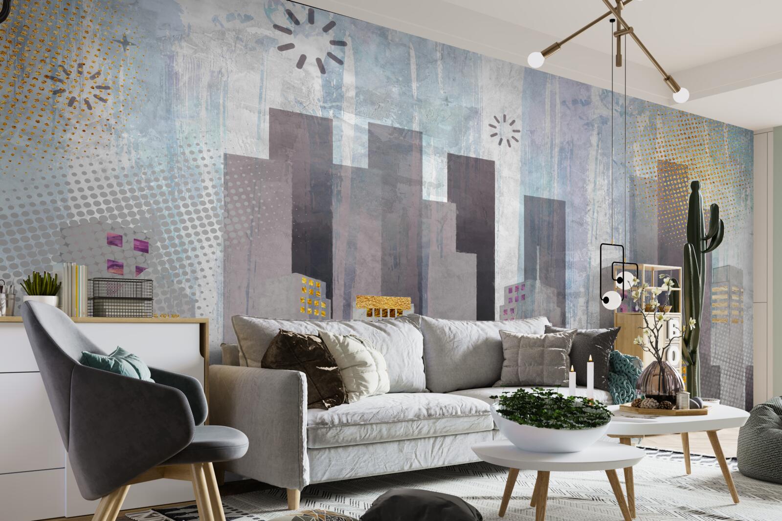 Papier peint une ville couverte de gris, avec des lumières dorées scintillantes