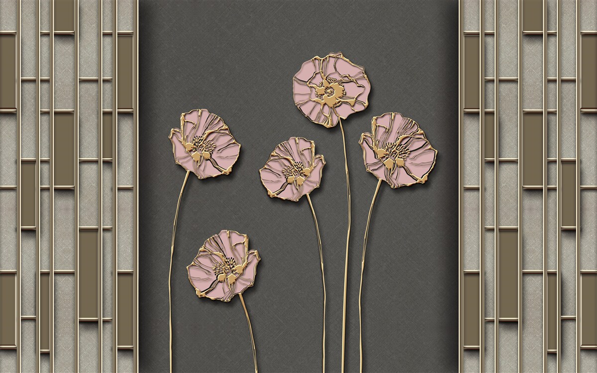 Papier peint élégants coquelicots sur fond argenté