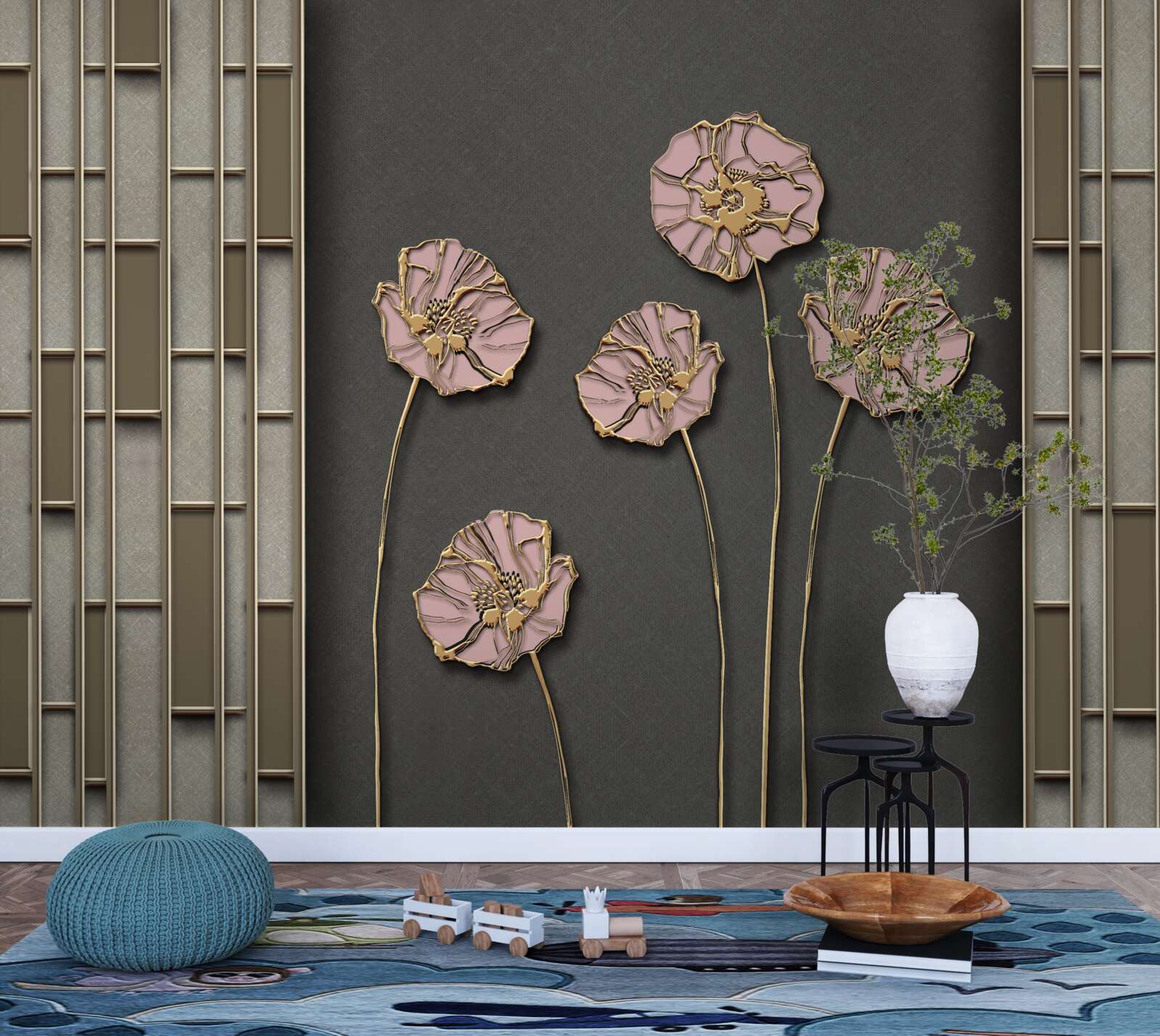 Papier peint élégants coquelicots sur fond argenté