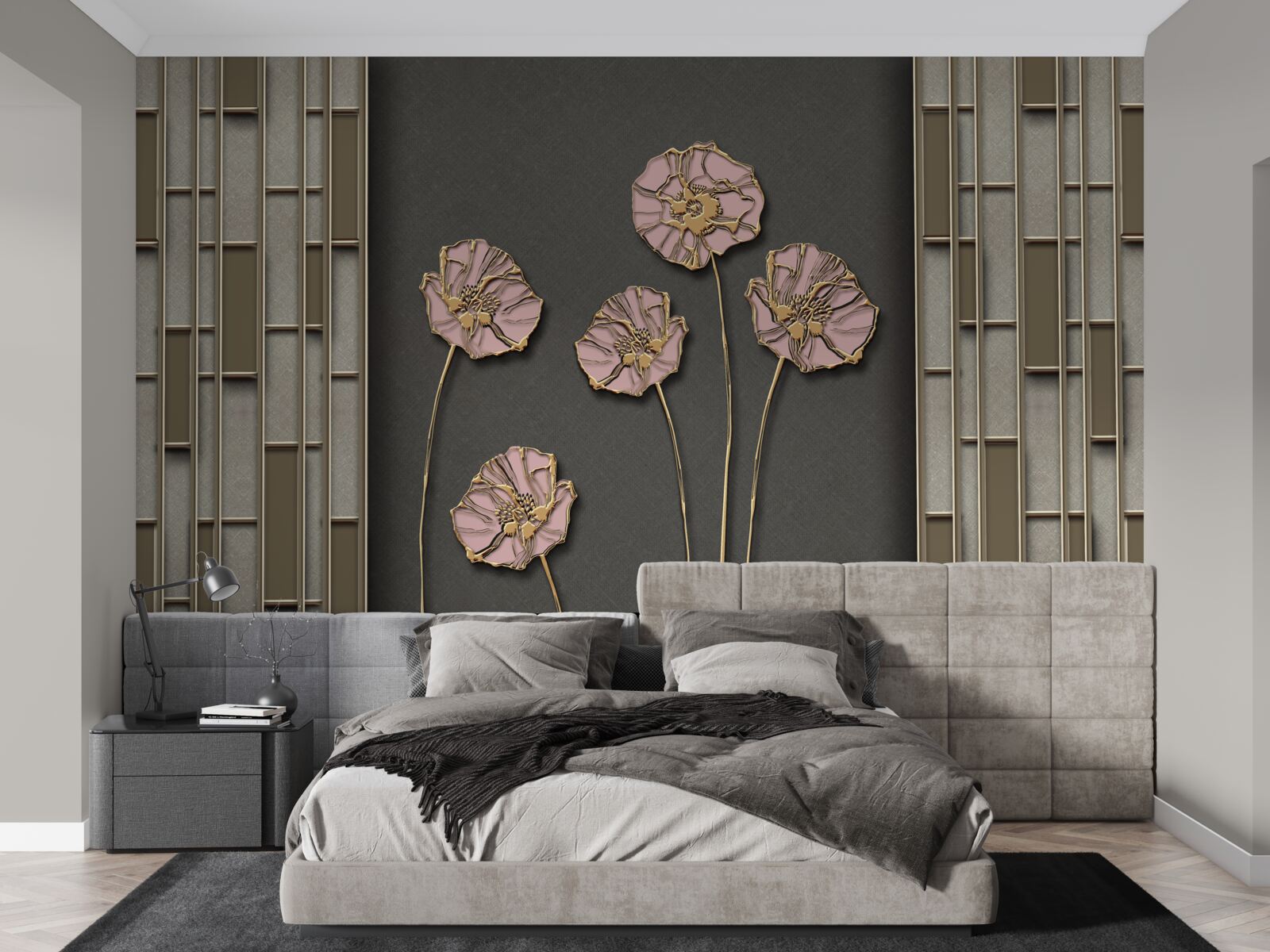 Papier peint élégants coquelicots sur fond argenté