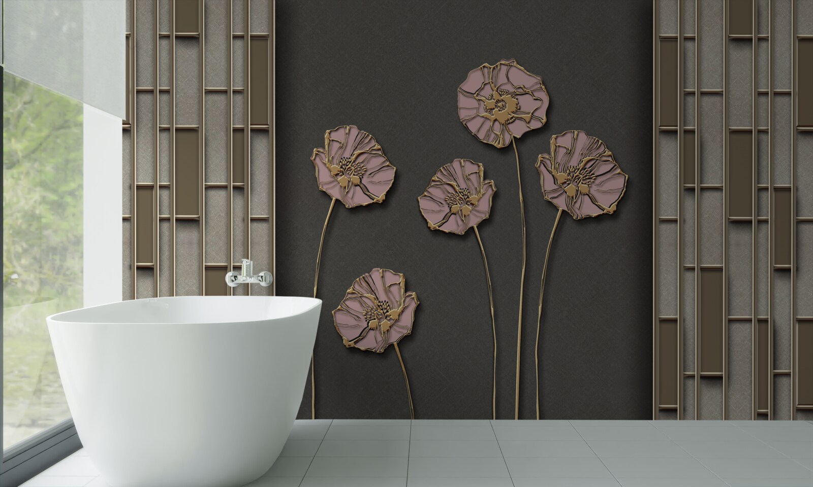 Papier peint élégants coquelicots sur fond argenté