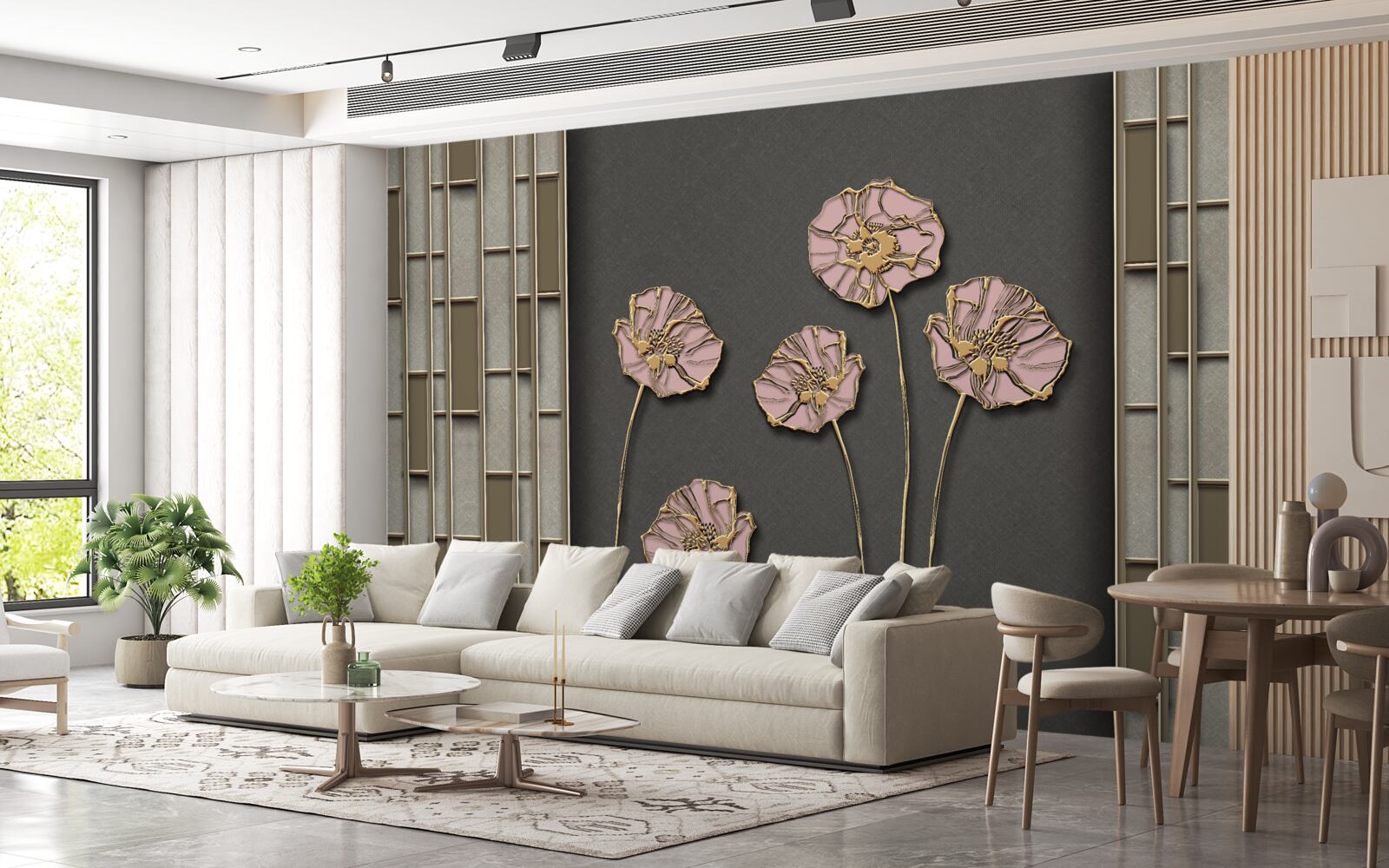 Papier peint élégants coquelicots sur fond argenté