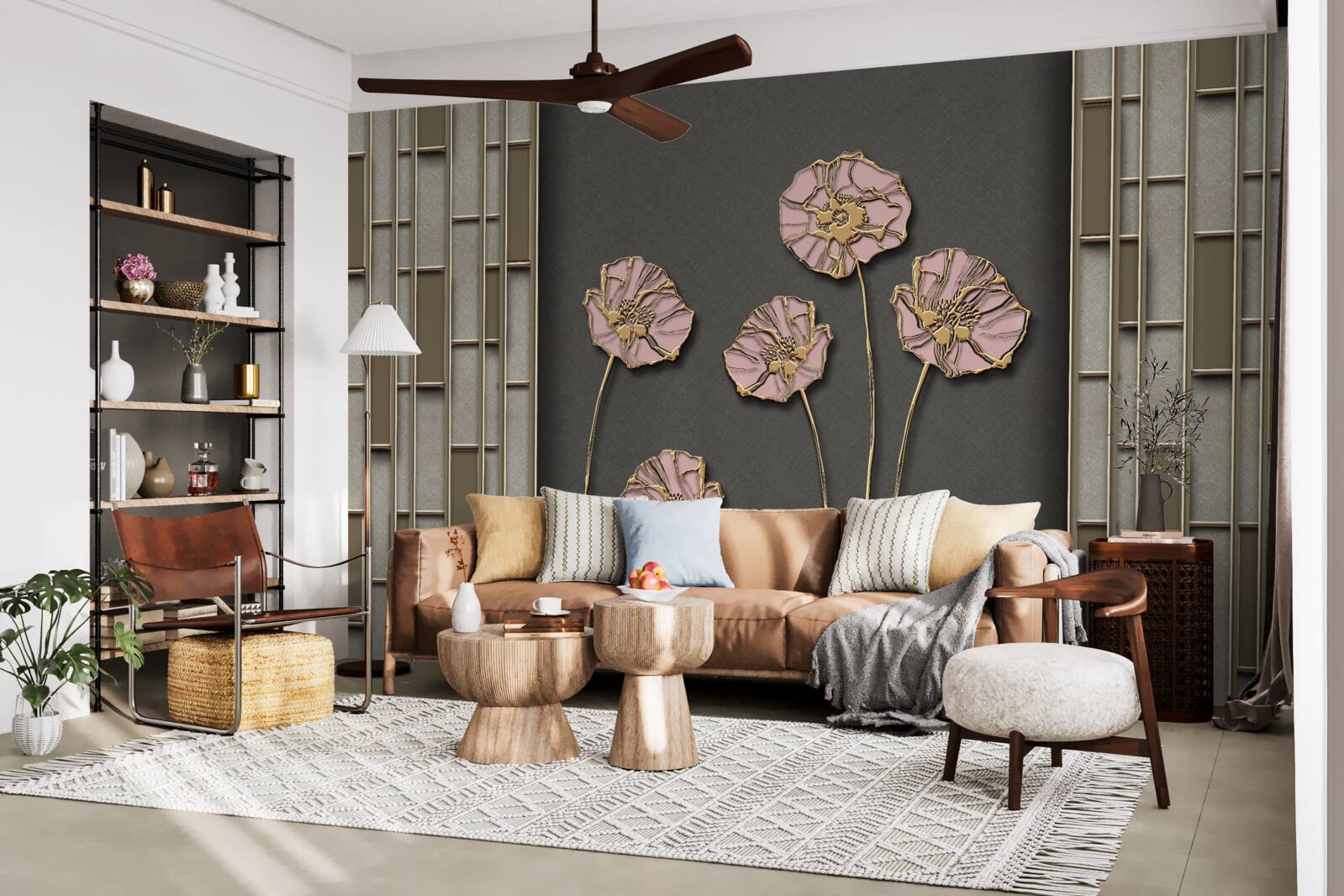 Papier peint élégants coquelicots sur fond argenté