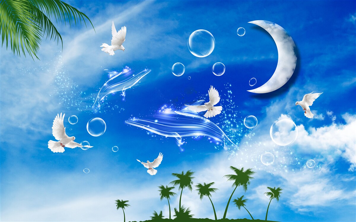 Papier peint lune dans le ciel du jour et pigeons