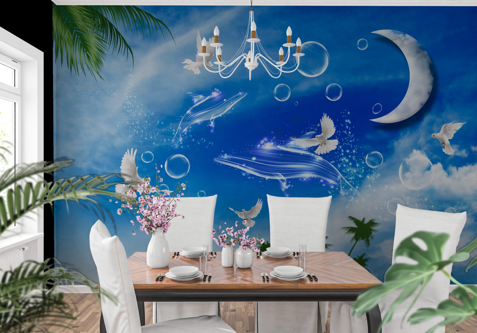 Papier peint lune dans le ciel du jour et pigeons