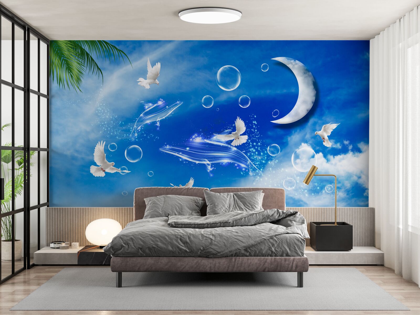 Papier peint lune dans le ciel du jour et pigeons