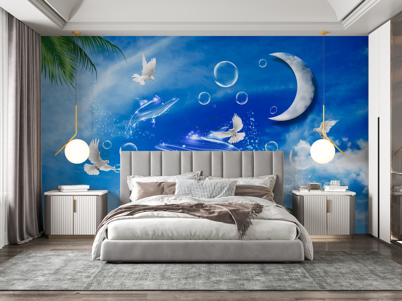 Papier peint lune dans le ciel du jour et pigeons