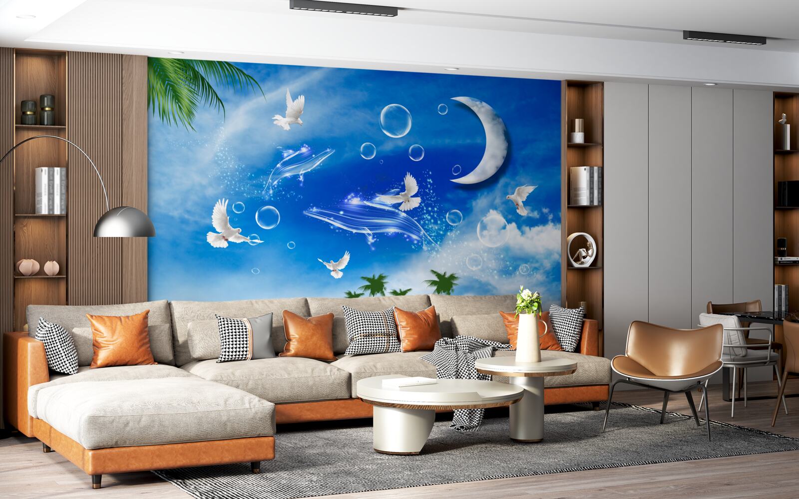 Papier peint lune dans le ciel du jour et pigeons